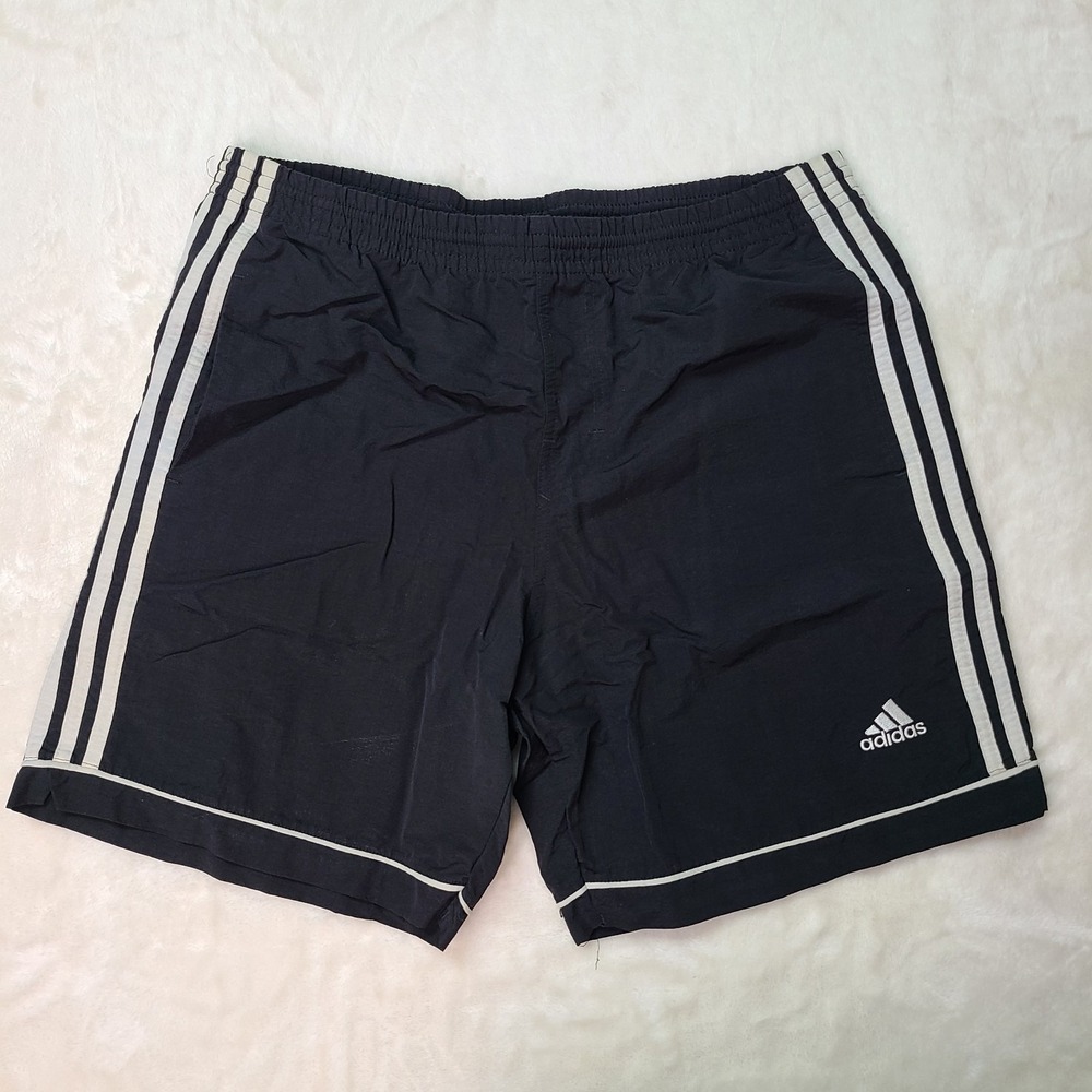 Vintage Adidas 90s Nylon Soccer Shorts Mens Large Black 3 Stripe Running Y2K